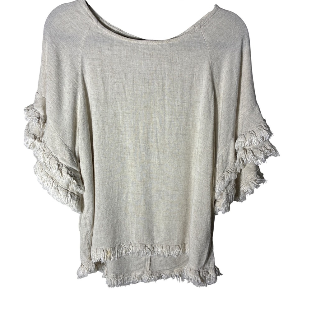 Umgee Linen Blend Boho Tunic Top Oatmeal Frayed Hem Layered Sleeve Blouse Sz S